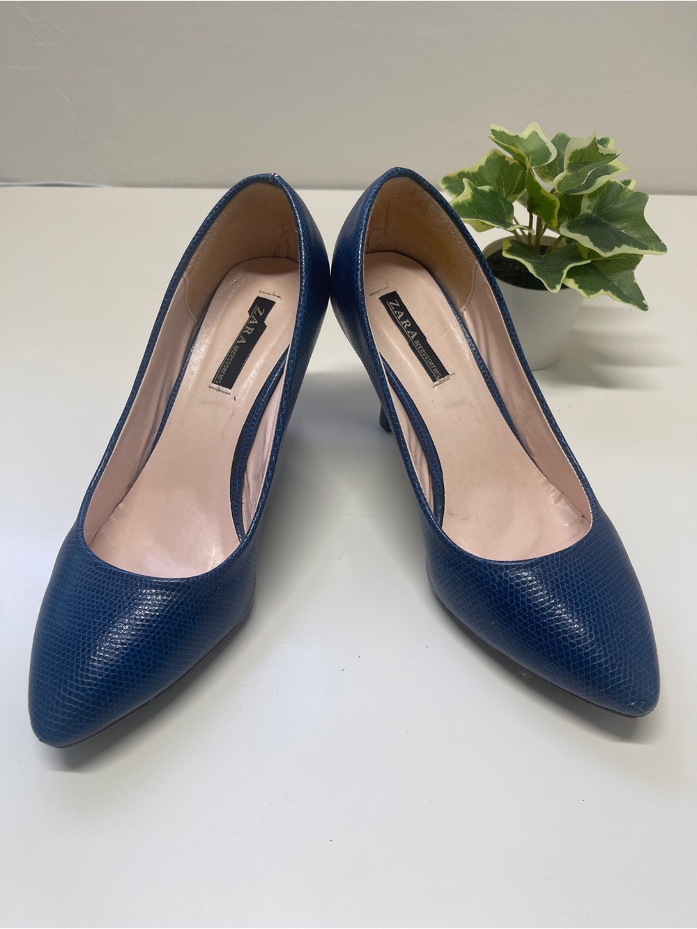 Zara Dark Blue Textured Pointed-Toe Pumps